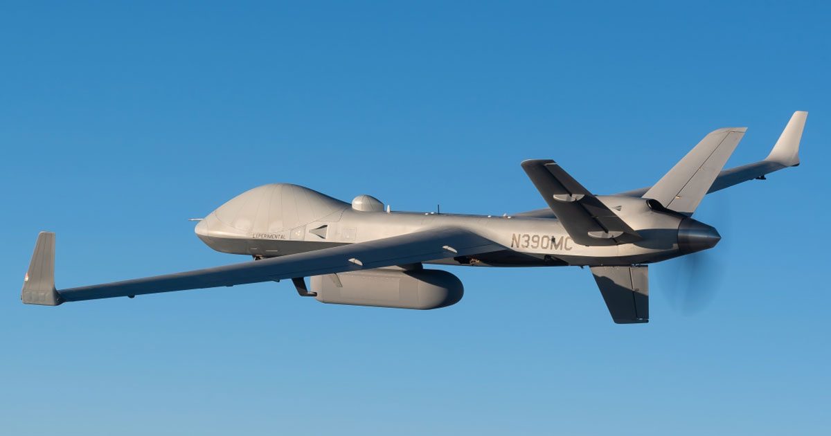 A GA-ASI MQ-9B remotely piloted aircraft in flight against a blue sky