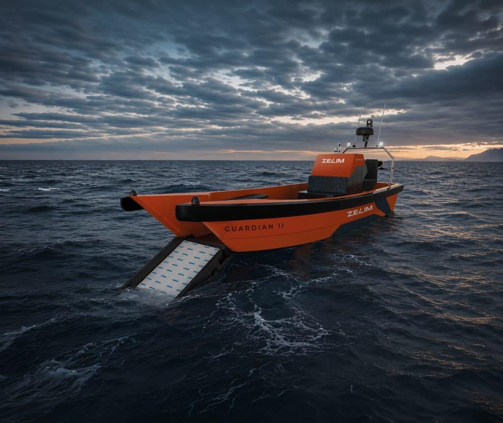Zelim’s Guardian II uncrewed fast rescue craft, an orange-and-black boat, on open water at dusk