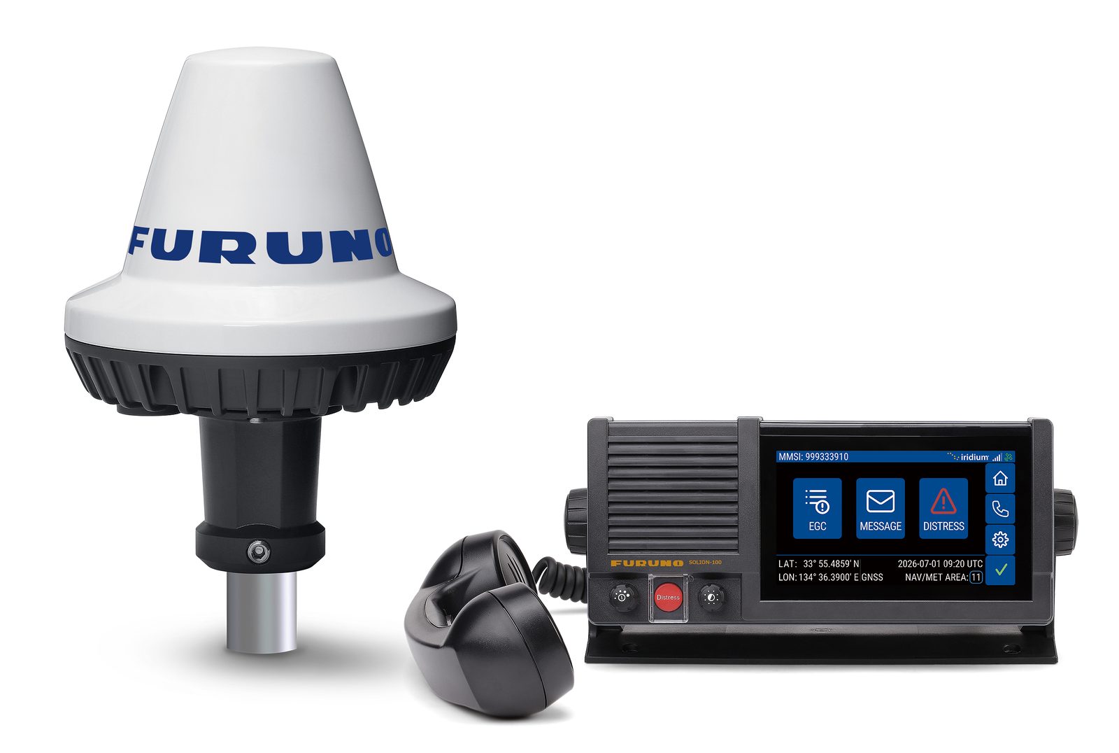 Furuno’s SOLION-100 Iridium GMDSS terminal: a white dome antenna, handset and control unit with a touchscreen